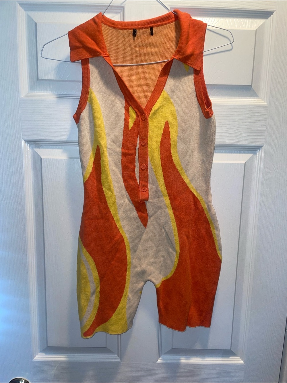 Flame Print Sleeveless Knit Romper - Orange, Yellow, Cream